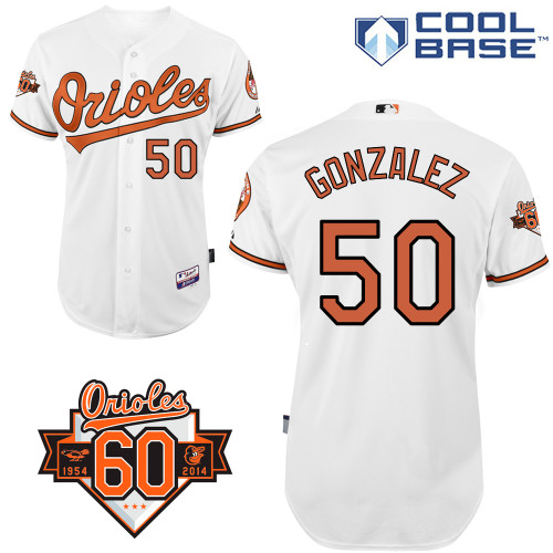 Miguel Gonzalez #50 MLB Jersey-Baltimore Orioles Men's Authentic Home White Cool Base/Commemorative 60th Anniversary Patch Baseball Jersey